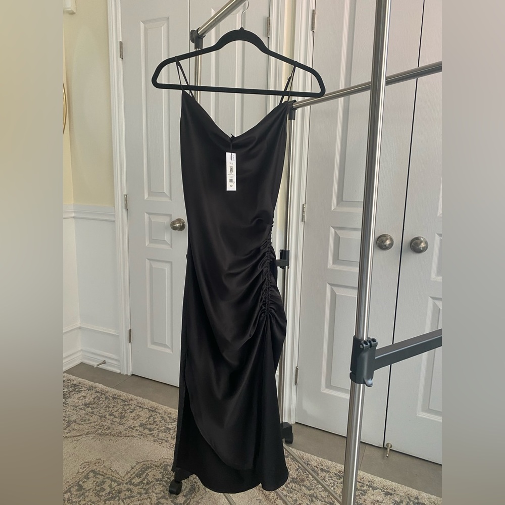 Black Satin Cowl Neck dress with ruching